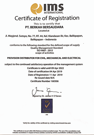 ISO 9001:2015 certificate of registration issued by IMS International to PT. Berkah Bersaudara