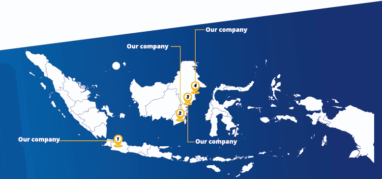 Map of Indonesia marking PT. Berkah Bersaudara offices in Jakarta, Banjarmasin, Balikpapan, and Samarinda